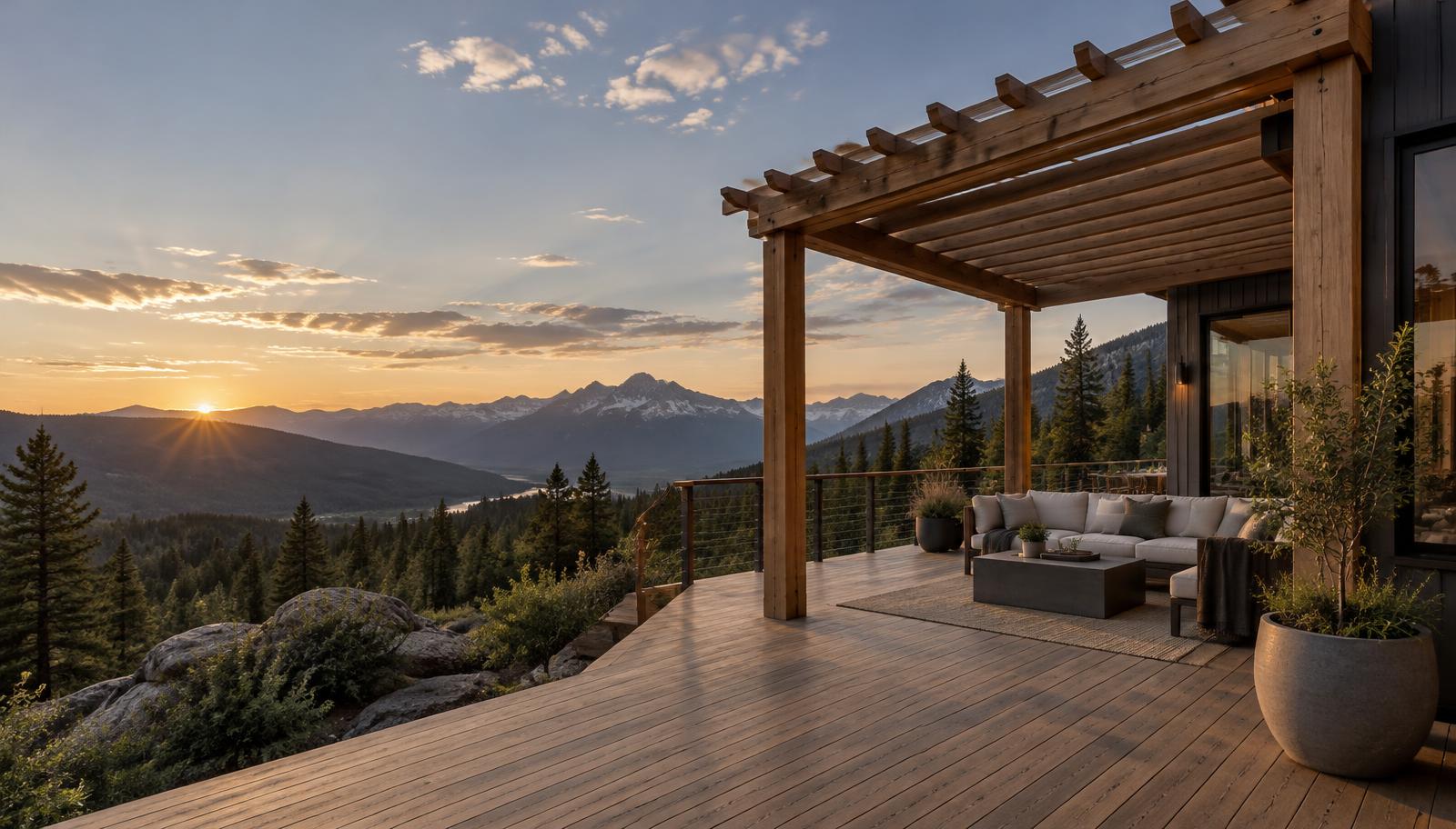 Timber deck and pergola on a mountain home at golden hour